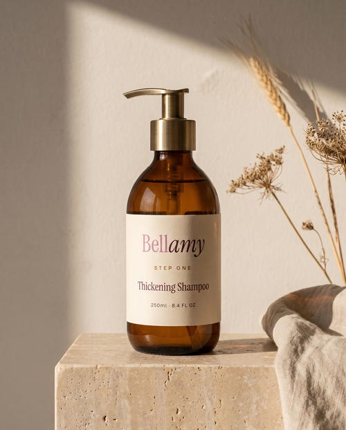 Bellamy Step One Thickening Shampoo, amber bottle with brass pump