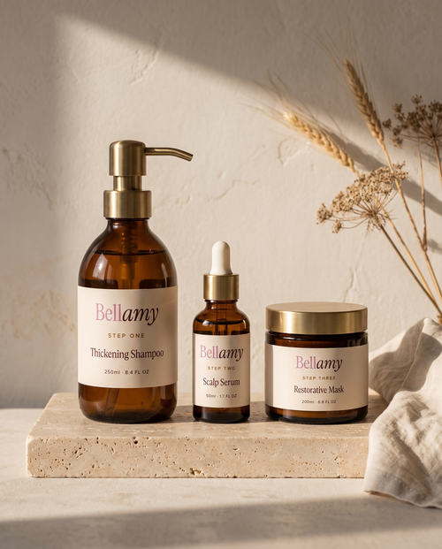 Bellamy 90-Day Protocol — three-piece system on travertine