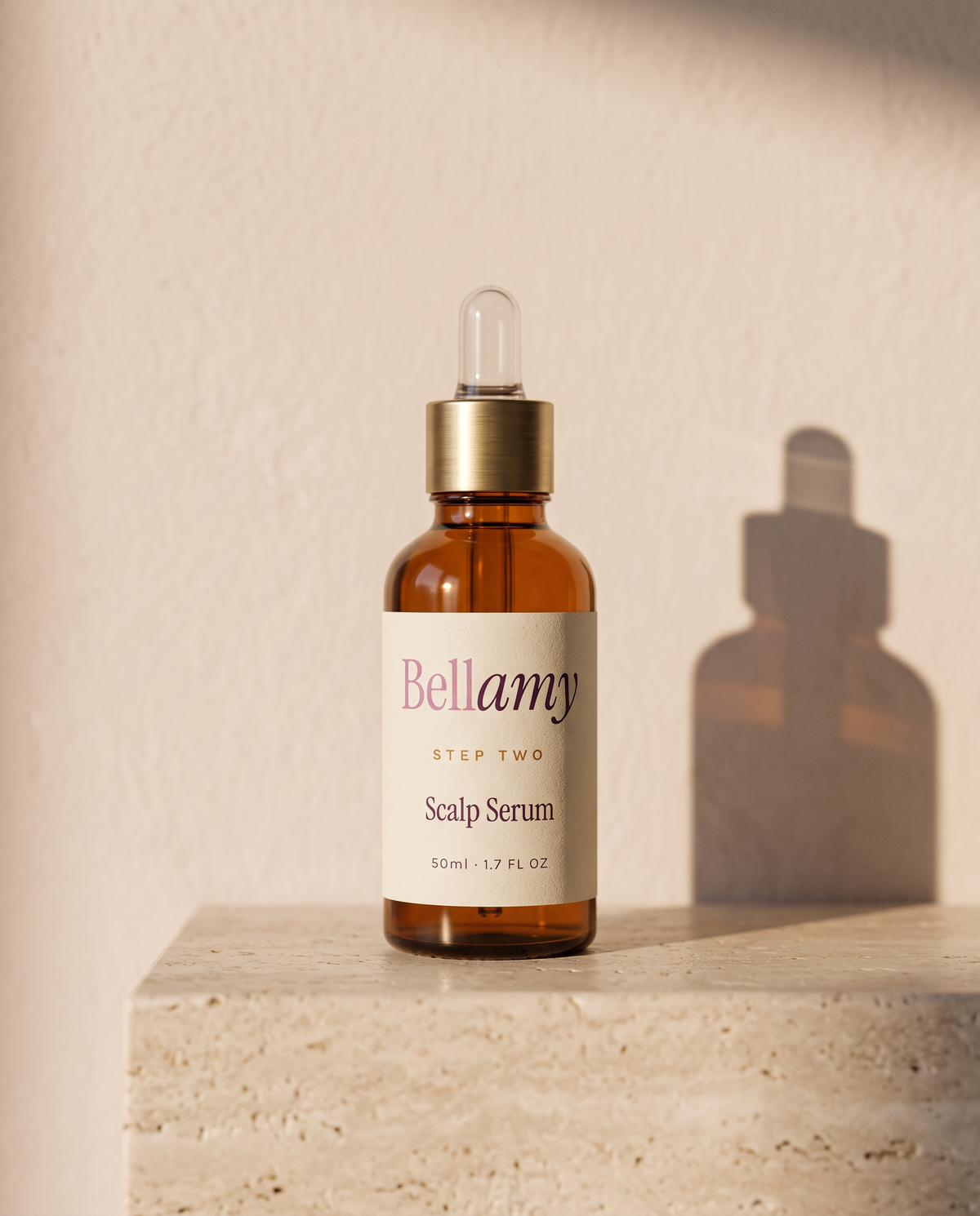 Bellamy Step Two Scalp Serum, amber dropper bottle with brass collar