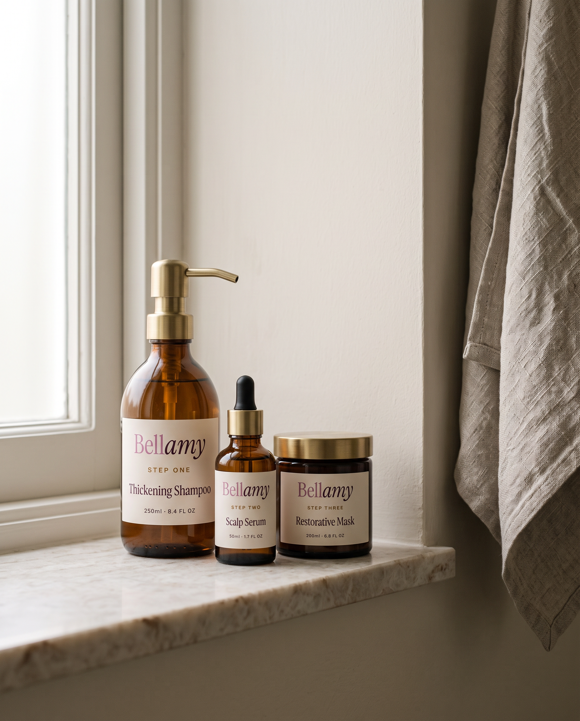 The Bellamy system on a marble bathroom shelf in morning light