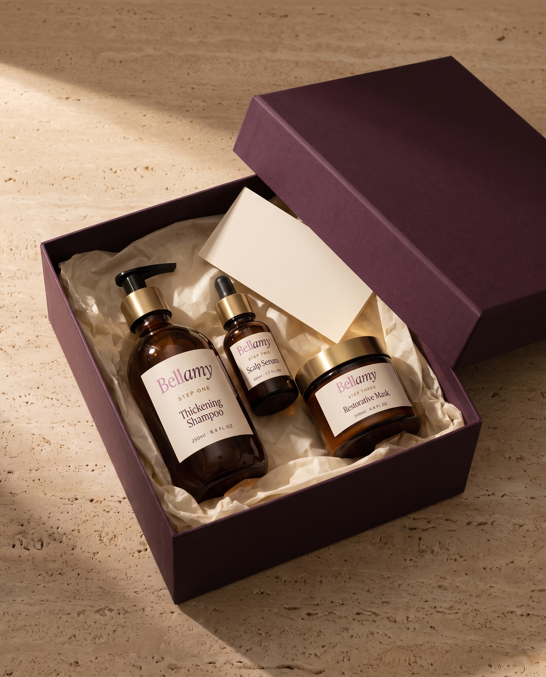 Bellamy protocol packaged in an aubergine gift box with cream tissue